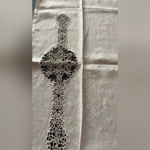Vintage Table Runner White Linen Lace Cross Altar 16 X 9”